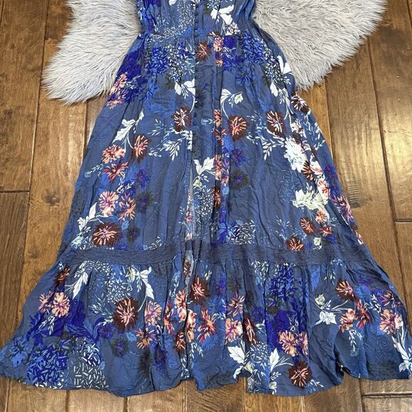 JAASE Maxi Dress Smocked Waist Blue Floral Size Large BOHO Cottage Core Button - Picture 6 of 8